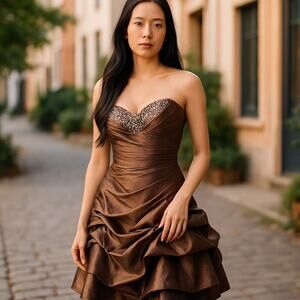 Aspeed Spaghetti Strap Cocktail Dress with Sequin Bead Embellishments Brown XL